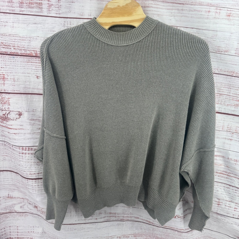 Free People Sweater Womens Medium Ribbed Knit Oversized Crew Neck Taupe Grey